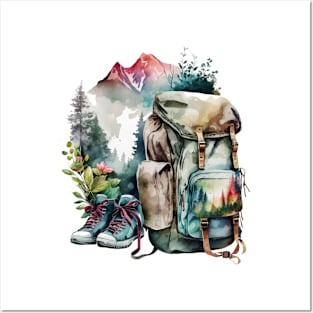 Backpack And Boots Watercolor Style Hiking Scene Posters and Art